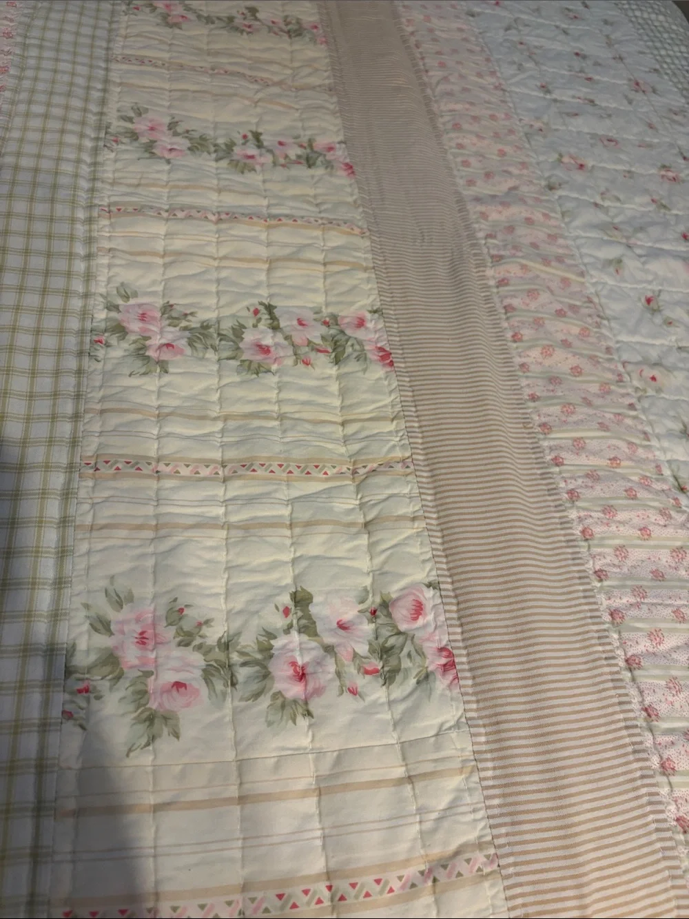 Cream and Pink Floral Patchwork Hand stitched  Quilt